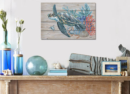 Sea Turtle Bathroom Wall Decor: Teal Coral Canvas Wall Art Sea Turtle Painting Gifts for Turtle Lovers Women Bedroom Office Home Decorations Rustic Swimming Turtle Picture Print Framed 24"x16"