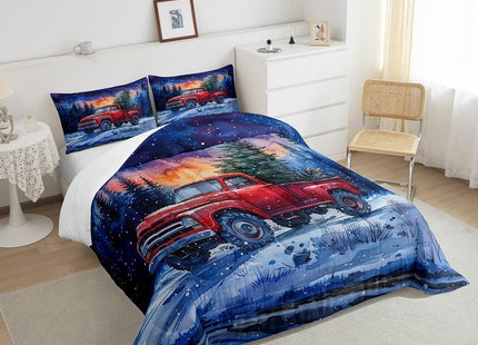 Red Truck Kids Comforter Set Twin Size,Christmas Tree Snowflake Bedding Set for Teens Boys Girls Room Decor,Woodland Nature Scenery Quilt Set 2Pcs,Merry Christmas Theme Duvet Insert,1 Pillowcase