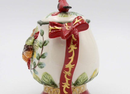 Fine Ceramic Evergreen Holiday Red Cardinal with Pine Cones Teapot, 8-1/8" L