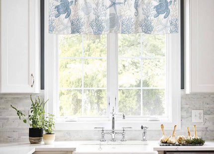 Pinroote Blue Grey Coastal Valances for Windows Treatment Farmhouse Decor, Sea Turtle Nautical Coral Summer Beach Rod Pocket Valance Curtains for Living Room, Bedroom, Kitchen, 54"W x 18"L - 1 Panel