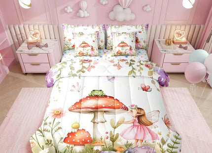 Erosebridal Fairy Garden Twin Bedding Set 7 Piece - Mushroom & Frog Comforter Set with Sheets for Kids Girls, Butterfly Floral Forest Themed Bed Set | Whimsical Fairies Fitted Sheet+Flat Sheet