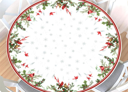 Winter Round Fitted Tablecloth with Elastic Edge,Water-Resistant Reusable Christmas Cardinal Bird Snowflake Red Table Cover for 44-48" Stretch Table Cloth for Dinner Indoor Outdoor Party Patio