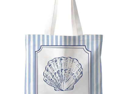 VIIJJUE Coastal Beach Scallop Shell Tote Bag for Women, Nautical Ocean Seashell Canvas Tote Bag, Beach Themed Gifts, Blue Striped Beachy Reusable Shopping Grocery Bags
