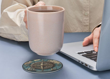 sunwarshile Nautical Compass Coasters for Drinks with Holder Round Leather Coasters Set of 6 Cups Mugs Mat Pad for Home Kitchen Bar