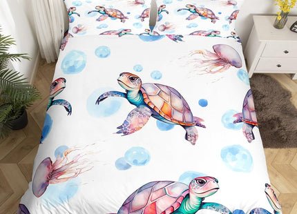 Erosebridal Turtle Bedding Sets King White Pink Hawaiian Duvet Cover Set,Tortoise Bedspreads Beach Theme Quilt Cover Underwater Children Comforter Cover for Summer