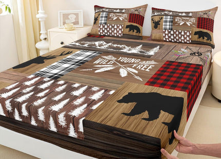 Retro Cabin Bed Sheet Rustic Adventure Bear Deer Fitted Sheet Hunting Wildlife Wild Animal Bedding Sets Plaid Lodge Farmhouse Fitted Bed Sheets Western Country Comforter + 1 Pillow Case, Twin Size