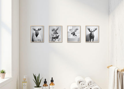 OFJE Funny Moose Wall Art Decor Prints, Black and White Moose Posters Pictures Wall Decor for Bathroom Washroom,Rustic Retro Wall Decorations Humor Animals Artwork Prints,8x10inchx4pcs,Unframed,PJ1096
