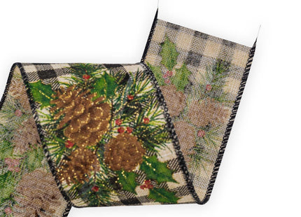HATIANGE Pinecone Christmas Burlap Ribbon with Black White Plaid Wired Ribbon, 2-1/2 Inch x 11Yards, for Xmas Home Decor, Gift Wrapping, Bow Making, Wreath, DIY Crafts
