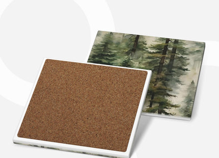 Misty Pine Tree Square Ceramic Coasters Set of 6 Pack, Mountain Green Forest Landscape Foggy Botany Stone Drink Coaster with Cup Holder Anti-Scratc Cork Backing Bar Kitchen Home Housewarming Gift