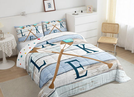 Castle Fairy Rowing Oar Comforter Set for Kids Room Decor Blue Brown Wooden Stripes Bedding Comforter Twin Size Lodge Cabin Rustic Style Soft Polyester Quilt Set with 1 Pillowcase