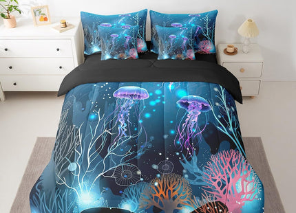 Erosebridal Gradient Jellyfish King Comforter Set 7pcs Sea Animal Bedding Comforter Sets, Underwater World Bed in a Bag Ocean Theme Bedding Set, Marine Beach Bed Sheets Set Coastal Room Decor