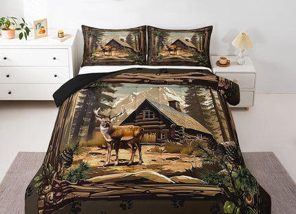 Erosebridal Retro Deer Comforter Set Lodge Cabin Country Bedding Sets Queen Rustic Farmhouse Wildlife Down Comforter for Kids Boys Adults Men,Woodland Hunting Animal Quilt Duvet 3 Pcs