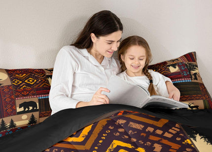 Deer Moose Bear Comforter Set Twin,Boho Aztec Comforter Western Rustic Farmhouse Woodland Bedding Sets,Pine Tree Country Lodge Cabin Quilt Set for Boys Teens Men,Teal Red Brown Stripes Decor 2 Pcs