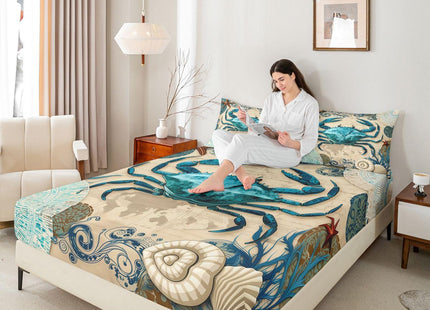 Erosebridal Sea Beach Theme Bed Sheet Set Kids Beach Crabs Print Bedding Set 3D Crab Luxury Microfiber Soft Fitted Sheet with 2 Pillow Shams, Soft Lightweight Marine Life Decorative Bed Cover,Full
