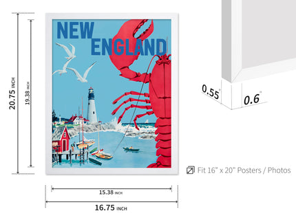 Poster Master Travel Poster - Tourism Print - New England, Lighthouse, Beach, Giant Crab Lobster, Seagulls, Sailboats - Gift for Artist, Friend - Wall Decor for Home, Office, 16x20 White Framed