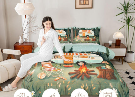 Erosebridal Cute Camper Car Full Comforter Set Rv Camping Bedding Set Woodland Camper Decor Comforter for Kids Boys Girls Floral Campfire Quilt Duvet