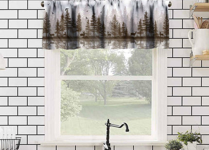 JanJCurt Misty Forest Valance Curtain, Rustic Farmhouse Pine Tree Landscape Country Woodland Deer Print Blackout Short Window Drape for Kitchen Living Room Bedroom, 54x18inch
