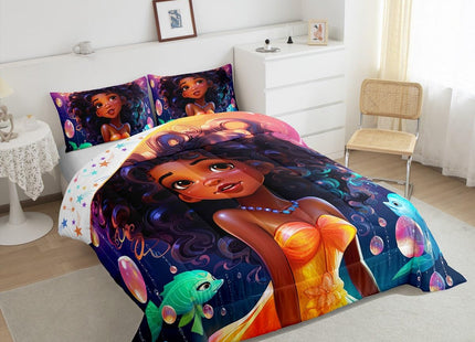 Erosebridal Afro-American Girl Twin Comforter Set for Little Girl,Afro Kid Princess Melanin Bedding Set,Ocean Fish Toddlers American Black Girls Quilt for Girls Bedroom