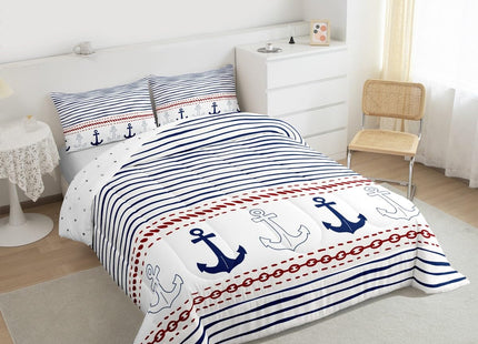 Boys Geometric Striped Bedding Set Navy Blue Anchor Comforter Set Twin Size Nautical Themed Quilted Duvet 2pcs for Kids Teens Men Adults Room Decor Sea Adventure Duvet Insert White,1 Pillowcase