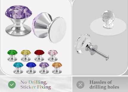 CcHhyyt 4 Pcs Crystal Adhesive Knobs Stick On Cabinet Handle Purple K9 Crystal Pulls Peel and Stick Dresser Pulls for Mirror Cabinet Drill Free Knobs for Glass Sliding Doors Fish Tank Lid Terrarium
