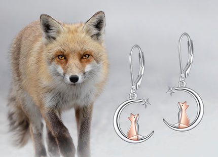 Fox Earrings 925 Sterling Silver Moon Fox Leverback Drop Dangle Earrings Origami Fox Jewelry Gift for Women