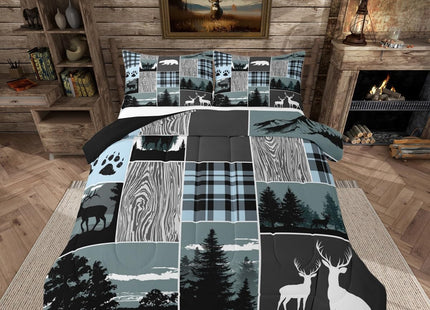 Plaid Bear Cabin Comforter Set, Rustic Farmhouse Camper Bedding Set Full, Gray Blue Hunting Christmas Deer Duvet Insert Woodland Lodge Wild Animal Quilt Sets For Kids Boys Teens Adult Bedroom