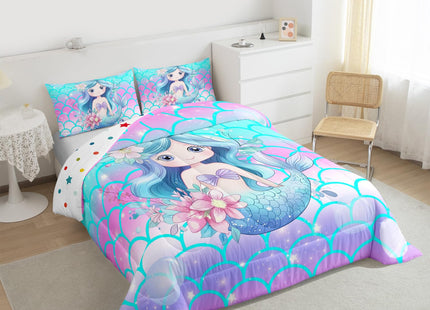 Erosebridal Kids Mermaid Full Size Comforter Sets for Girls Blue Pink Sparkle Mermaid Bedding Pastel Fish Scale Bedding Comforter Sets Coastal Beach Duvet Insert for Toddler Teen Cartoon Bed Set 3pcs
