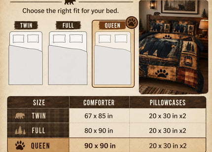 AILONEN Black Bear Comforter Set Queen Size,Rustic Bear Bedding Set for Kids Boys Girls,3-Piece Wildlife Themed Hunting Comforter with 2 Pillowcases