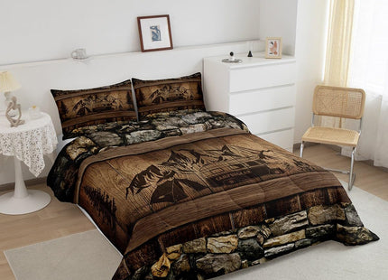 Erosebridal Rustic Farmhouse Bedding Sets Happy Camping Comforter Set for Camper Twin,Country Cabin Lodge Camper Bedding Comforter Sets Rv Accessories for Travel Trailers Quilt Set Brown Black