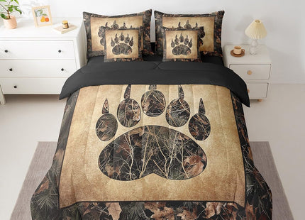 Erosebridal Rustic Farmhouse Bedding Sets Twin 7 Piece Camo Bear Paw Comforter Set Woodland Hunting Camouflage Animal Bed in A Bag for Kids Boys Men,Retro Cabin Wildlife Sheet Set with Comforter