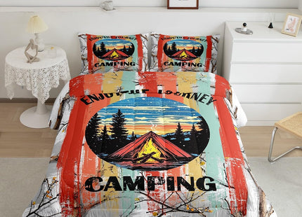 Erosebridal Happy Camping Toddler Bedding Set,RV Camper Comforter Set for Travel Trailer,Rustic Country Comforter for Girls Boys,Forest Tree Mountain Bedroom Room Decor,1 Pillowcase Lightweight