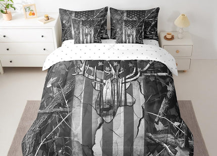 Erosebridal 7 Piece American Flag Deer Comforter Set Twin Black Grey Woodland Deer Bed in a Bag USA Flag Bedroom Decor,Wildlife Hunting Bedding Set with Fitted Sheet,Flat Sheet,Pillowcases & Shams