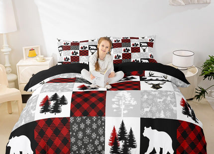 Erosebridal Christmas Duvet Cover Full for Boys Girls Wild Animal Bear Deer Print Bedding Set Christmas Decor Comforter Cover Grids Patchwork Bedspread Cover 3 Piece Winter Themed Xmas Bedding