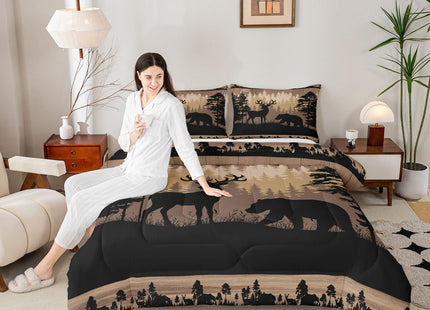 Erosebridal Rustic Full Comforter Set Farmhouse Cabin Lodge Bedding Sets Hunting Wild Bear Deer Down Comforter for Kids Boys Teen Men Hunter,Country Woodland Pine Tree Wildlife Quilt Duvet 3 Pcs
