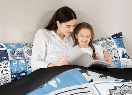 Bohemian Mandala Comforter Set, Rustic Lodge Camping Bedding Set Twin Size For Kids Boys Girls Teens, Farmhouse Christmas Deer Cabin Duvet Insert Woodland Bear Farm Amimal Adventure Quilt, Blue
