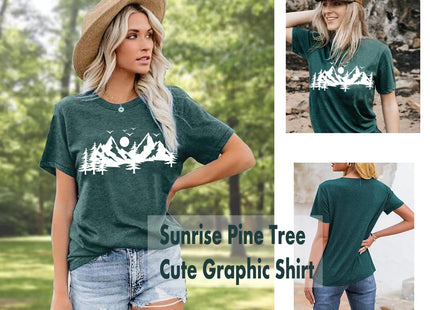 Women Skinny Pine Tree Funny Summer Mountain Graphic Shirt-S GR Green
