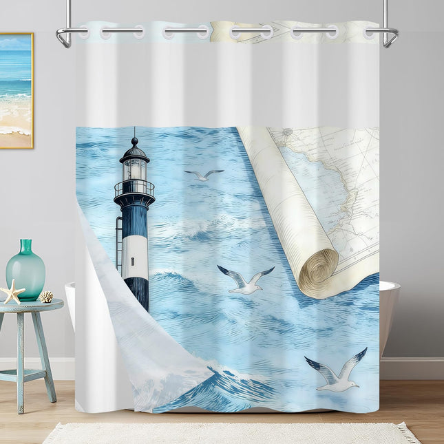 No Hook Shower Curtain with Snap in Liner Set, Nautical Lighthouse & Map Waterproof Shower Curtains for Bathroom Decor, Washable Fabric Shower Curtains with Sheer Top Window and Built-in Weighted Hem