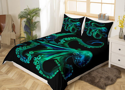 Erosebridal Octopus Bedding Set Sealife Duvet Cover Ocean Animal Comforter Cover for Kids Teens Adult,Decoration 3 Pcs Bedding Set (1 Duvet Cover 2 Pillowcases) Full Size,Black Green