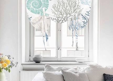 Ocean Coral Starfish Tie Up Window Shade Curtain,Nautical Coastal Shell Tie Up Curtain for Kitchen Windows,Marine Sealife Adjustable Valance Balloon Curtains,Blue Teal White Rod Pocket Panel 52x45in