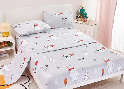 Yibeizi Kids Bear Snowmen Reindeer Bunny Printed Sheet Set Twin Size for Boys Girls, Cute Christmas Winter Microfiber Bedsheets Deep Pocket Bed Sheet & Pillowcase Sets 3 Pieces