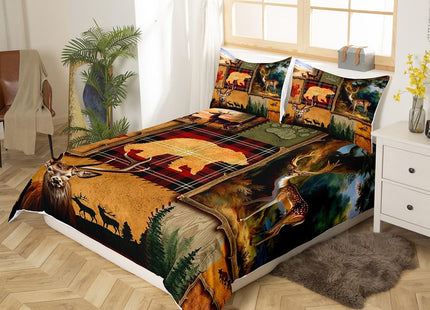Hunting Duvet Cover Set Twin Size, Wildlife Deer Bear Adventure Hunting Theme Comforter Cover with 1 Pillowcase, Wild Animal Farmhouse Bedding Set 2pcs for Kids Boys Teens Bedroom Decor,No Comforter