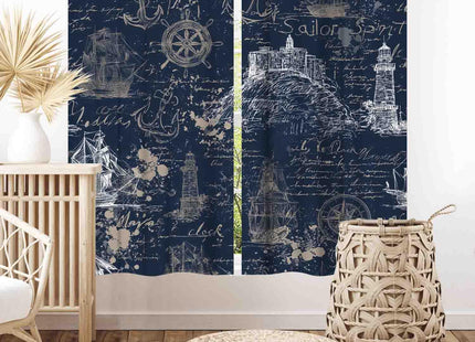 Vintage Nautical Curtains, Marine Coastal Sailboat Compass Anchor Ocean Beach Old Pirate Map Navy Blue Blackout Retro Drapes for Bedroom Living Room Kitchen Bathroom Window 2 Panels, 42"x45" Inch