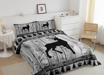 Castle Fairy Deer Bedding Set Twin Size,Rustic Farmhouse Wood Board Comforter Set 2Pcs,Wildlife Hunting Quilt Set for Kids Teens Adult Room Decor,Grey Black Bear Pine Print Duvet Insert,1 Pillowcase