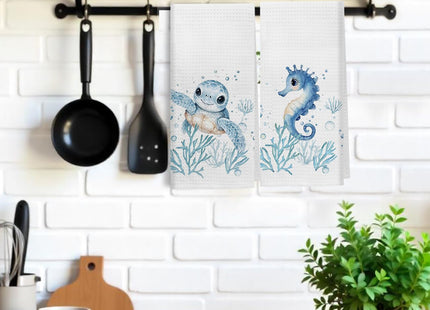 XUNLURY Sea Turtle Horse Coastal Kitchen Towels, Beach Nautical Hand Towels for Bathroom, Ocean Animal Decorative Dish Tea Towels for Kitchen, Under The Sea Bathroom Decor, 16x24 Inch Set of 2