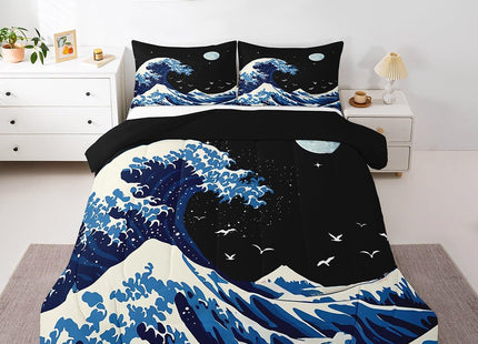 Feelyou Japanese Wave Comforter Set Full Size Japanese Style Comforter for Boys Girls Teens Ocean Wave Bedding Set Sea Waves Duvet Set Room Decor Blue Black Quilt Set