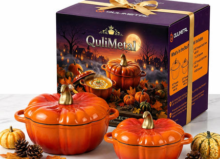 QuliMetal Pumpkin Dutch Oven Set of 2, 4QT and 2QT Pumpkin Pots for Cooking
