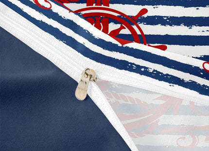 Anchor Comforter Cover Queen Size Nautical Compass Duvet Cover For Kids Boys Girls Teens, Geometric Stripes Bedding Set Ocean Sailboat Retro Theme Bed Set With 2 Pillow Cases, Navy Blue And Red