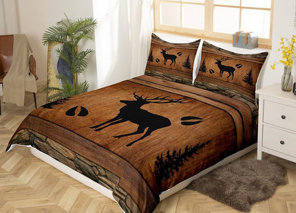 Manfei Rustic Deer Duvet Cover Set Full Size, Black Trees Deer Paw Print Comforter Cover with 2 Pillowcases, Brwon Wooden Plank Bedding Set 3pcs for Kids Boys Wild Animal Bedspread Cover,No Comforter