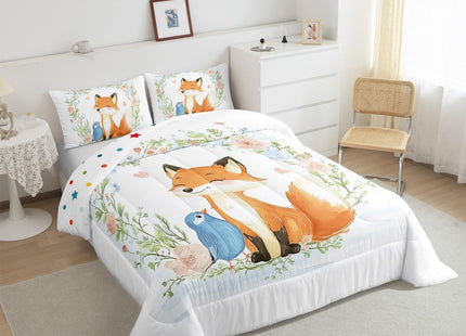 Erosebridal Kids Fox Comforter Set Twin Boys Girls Cute Woodland Animal Print Bedding Set Rose Flower Comforter Tree Branch Botanical Duvet Quilts,Watercolor Lovely Bird Wildlife Bedding Sets 2 Pcs