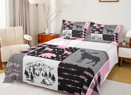 Rustic Camping Sheet Set For Boys, Hunting Elk Deer Bed Sheets Full Size Buffalo Plaid Patchwork Fitted Sheet + Lodge Woodland Farmhouse Flat Sheet For Kids Teens Adult Bedroom Decor,Pink Black Grey